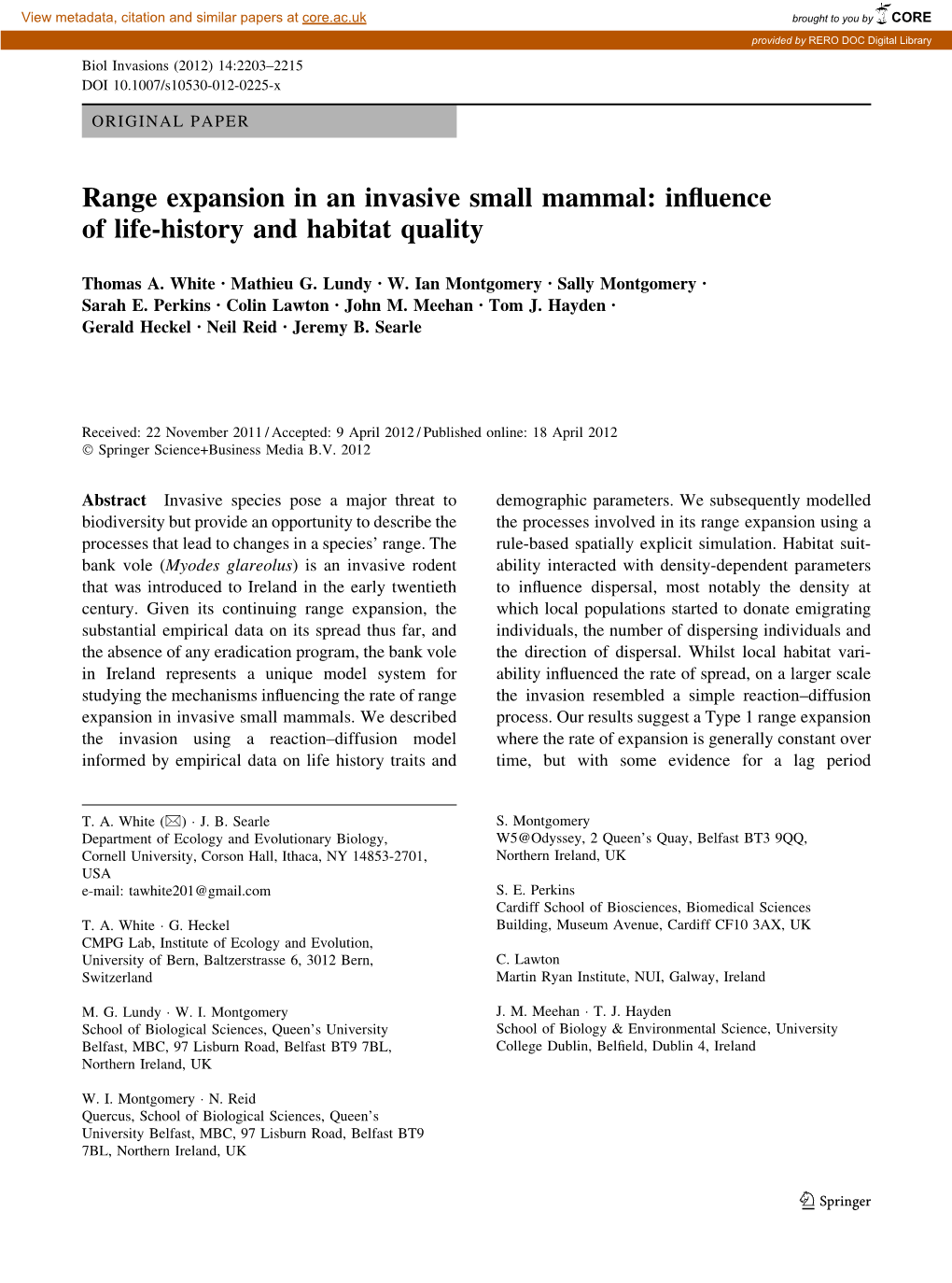 Range Expansion in an Invasive Small Mammal: Inﬂuence of Life-History and Habitat Quality