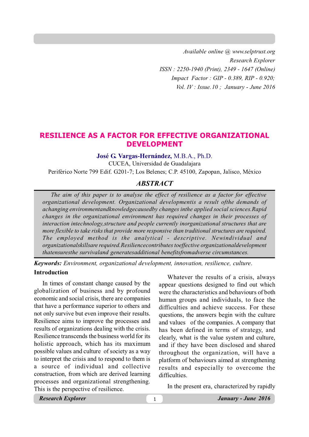 Resilience As a Factor for Effective Organizational Development Abstract