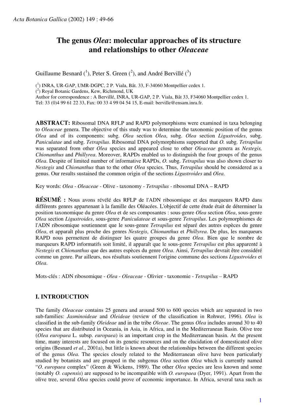 The Genus Olea: Molecular Approaches of Its Structure