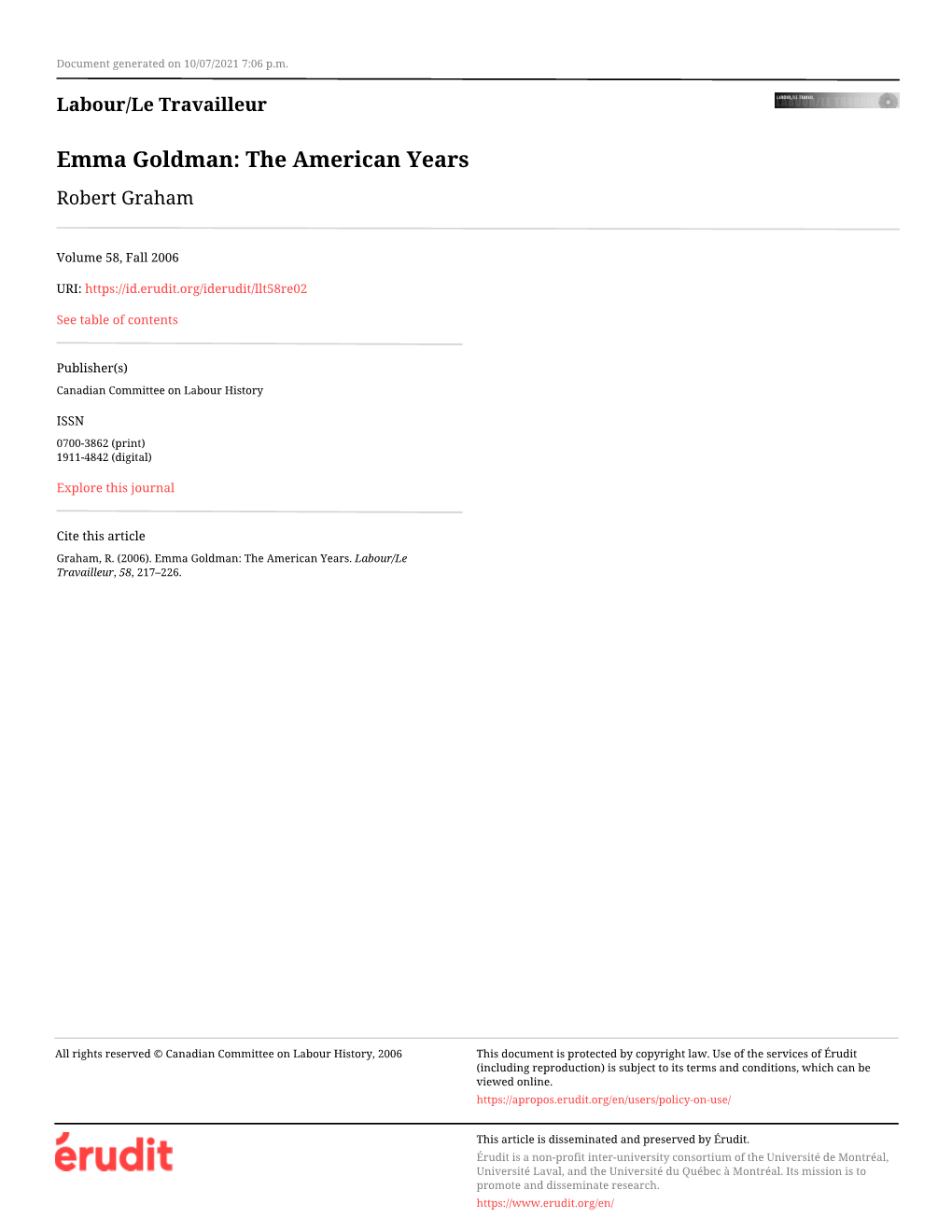 Emma Goldman: the American Years Robert Graham