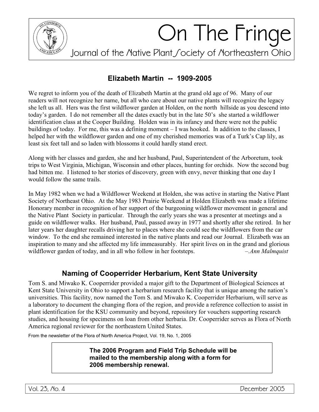 On the Fringe Journal of the Native Plant Society of Northeastern Ohio