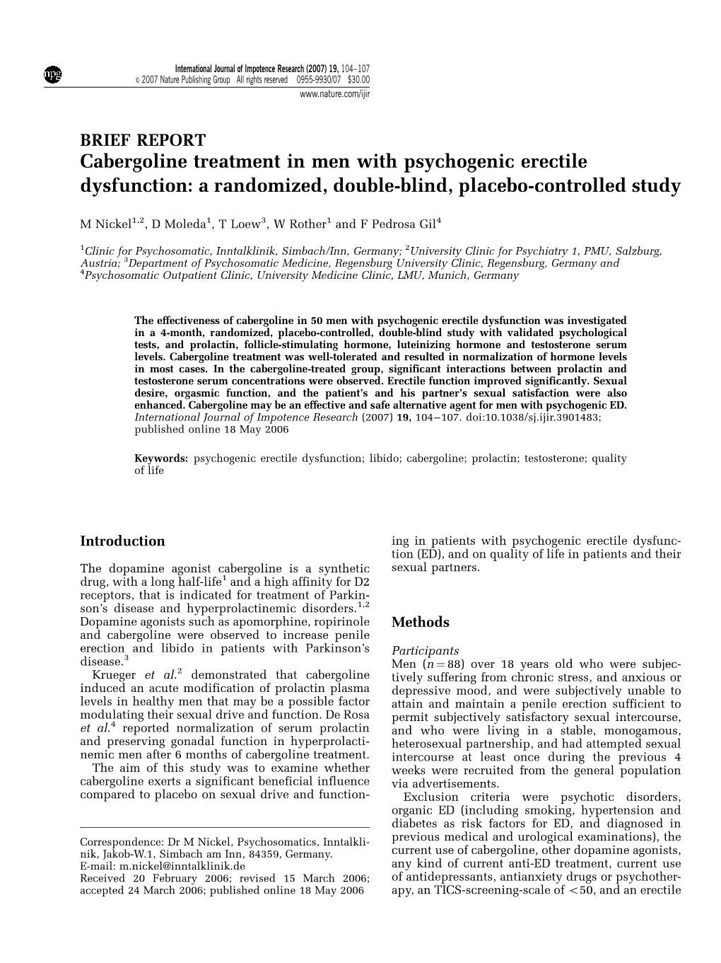 Cabergoline Treatment in Men with Psychogenic Erectile Dysfunction: a Randomized, Double-Blind, Placebo-Controlled Study