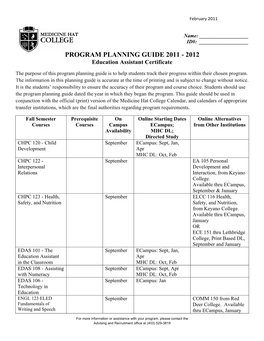 PROGRAM PLANNING GUIDE 2011 - 2012 Education Assistant Certificate