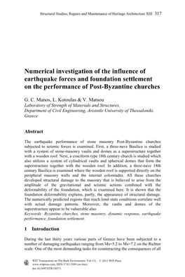 Numerical Investigation of the Influence of Earthquake Forces and Foundation Settlement on the Performance of Post-Byzantine Churches