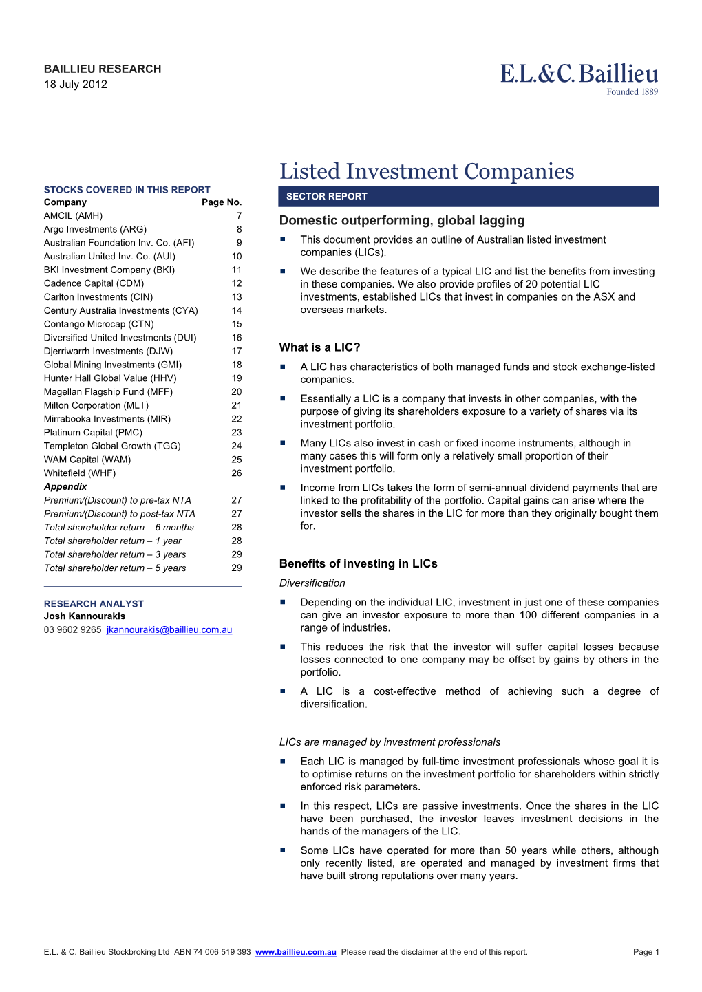 Listed Investment Companies STOCKS COVERED in THIS REPORT SECTOR REPORT Company Page No