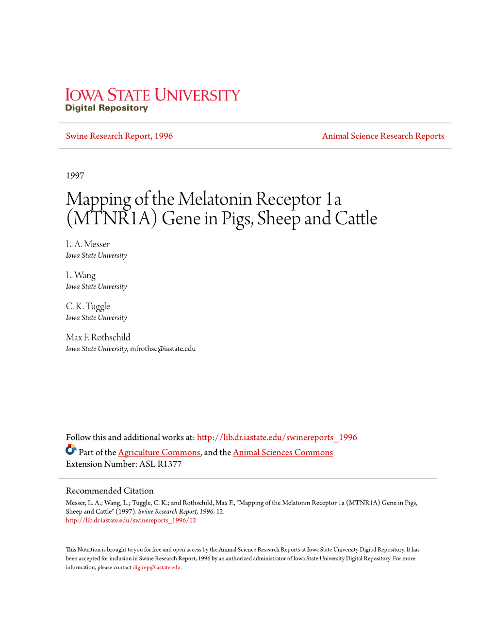 Mapping of the Melatonin Receptor 1A (MTNR1A) Gene in Pigs, Sheep and Cattle L