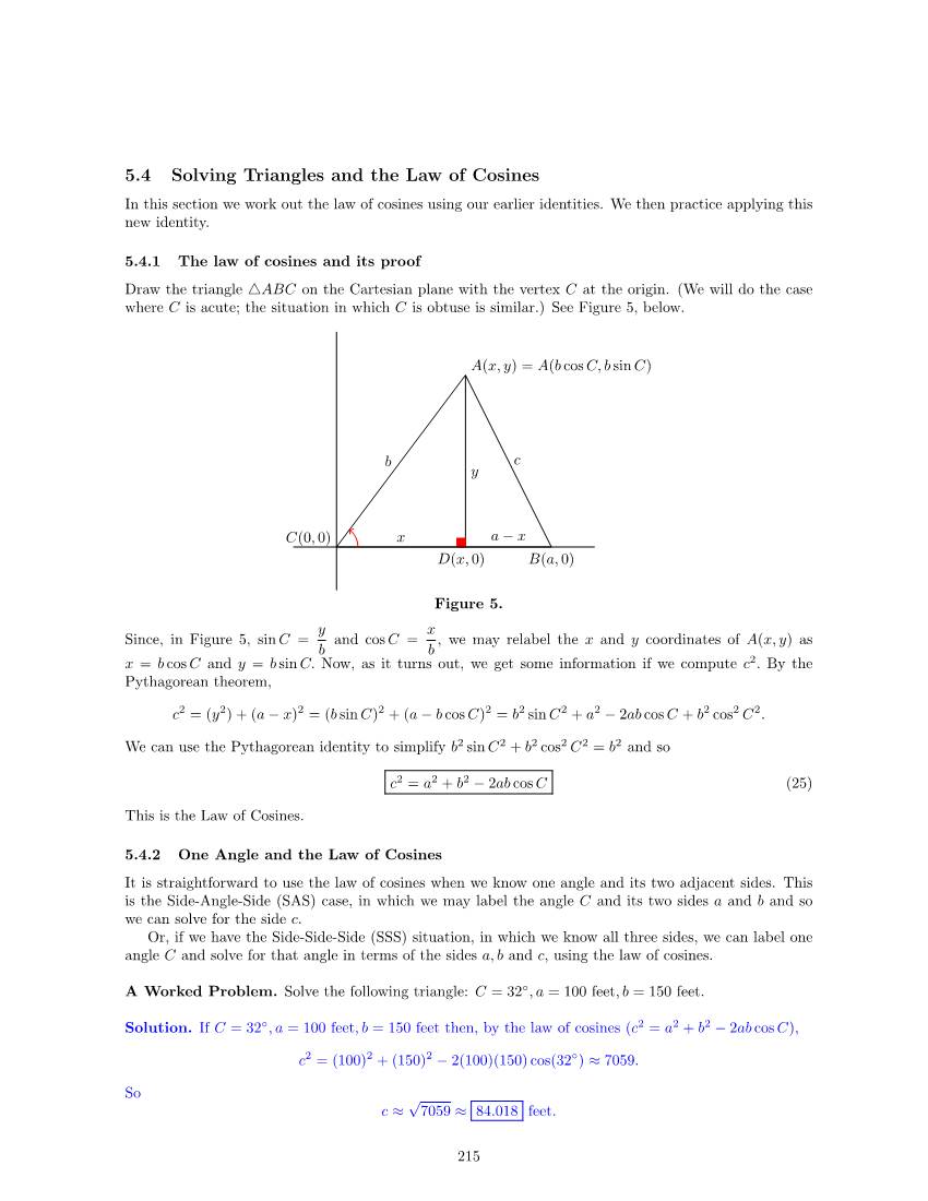 5.4 Solving Triangles and the Law of Cosines in This Section We Work out the Law of Cosines Using Our Earlier Identities