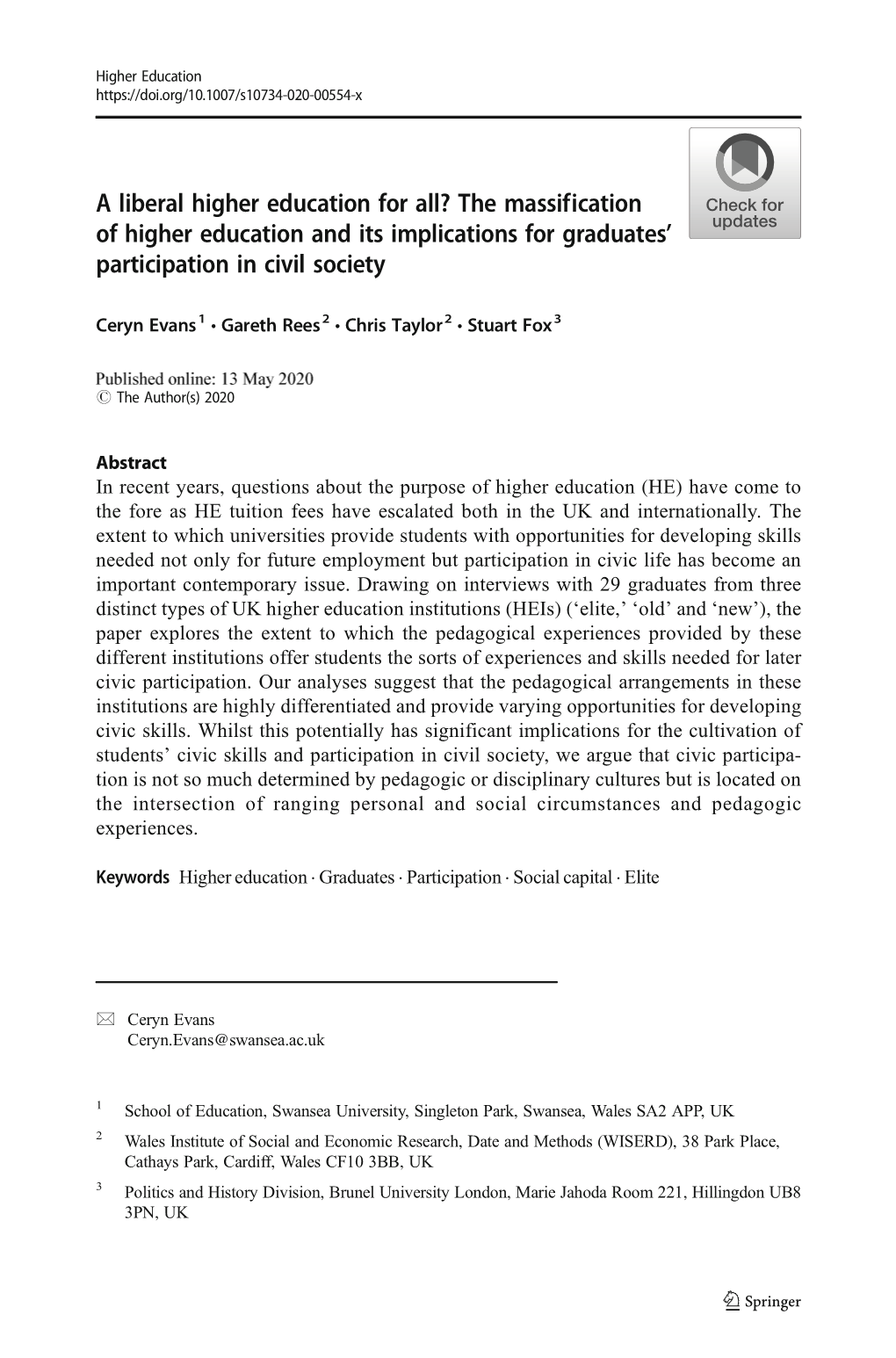 The Massification of Higher Education and Its Implications for Graduates’ Participation in Civil Society