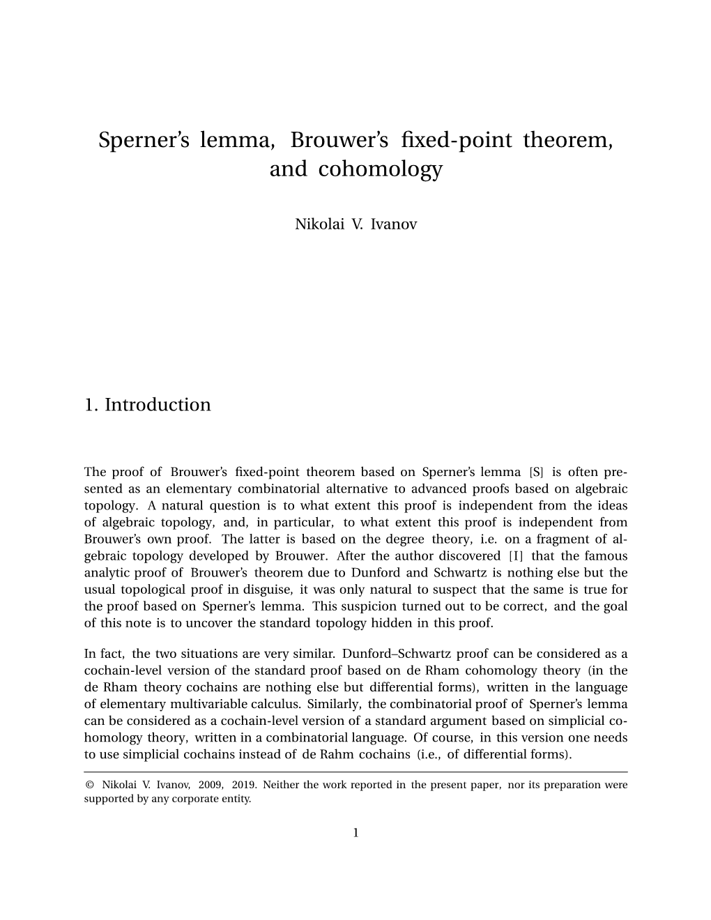 Sperner's Lemma, Brouwer's Fixed-Point Theorem, and Cohomology