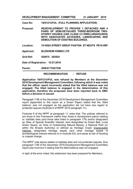 DEVELOPMENT MANAGEMENT COMMITTEE 21 JANUARY 2019 Case No: 18/01213/FUL (FULL PLANNING APPLICATION) Proposal: REDEVELOPME