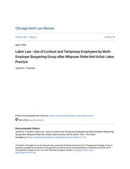 Labor Law - Use of Lockout and Temporary Employees by Multi- Employer Bargaining Group After Whipsaw Strike Not Unfair Labor Practice