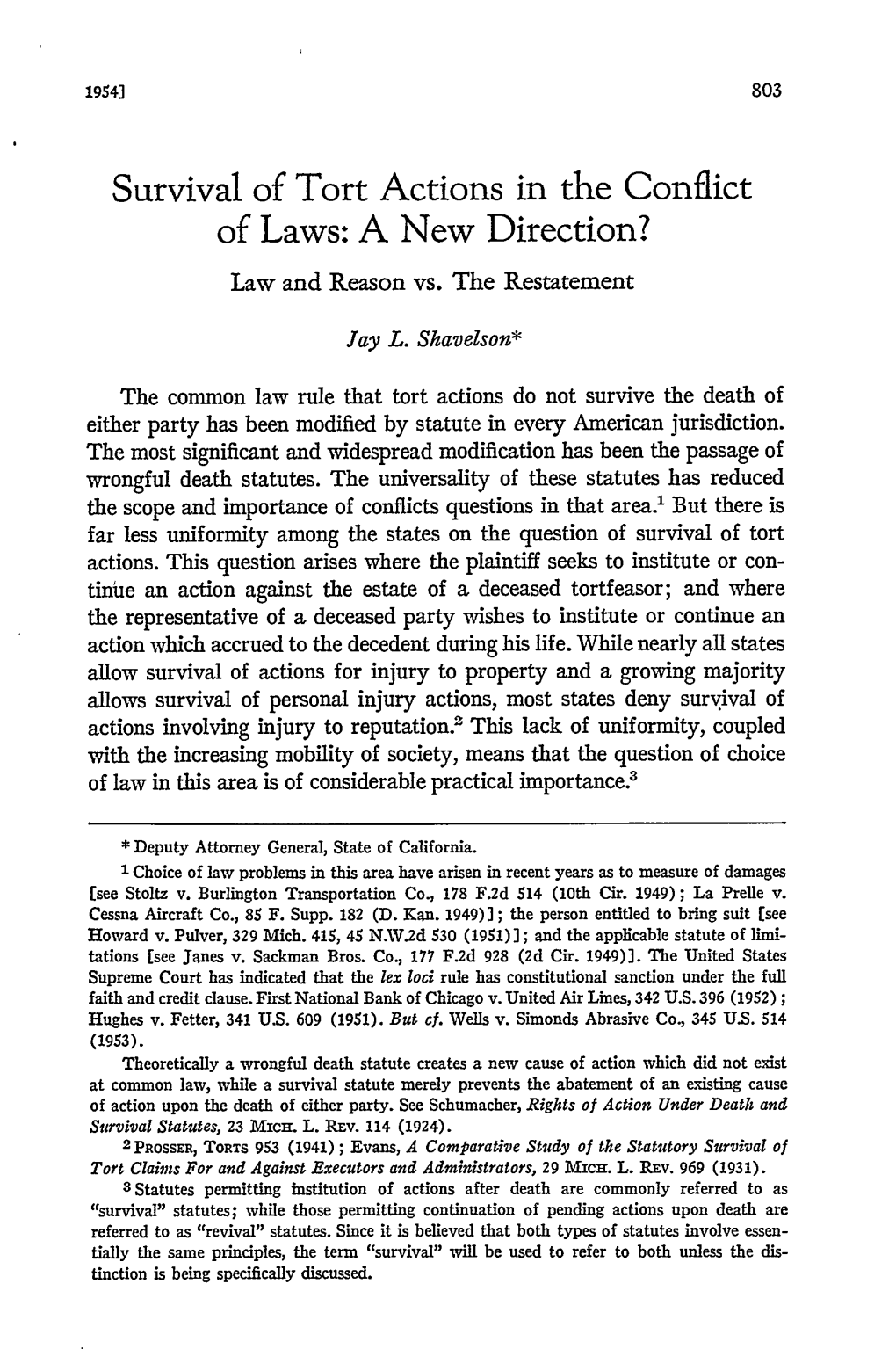 Survival of Tort Actions in the Conflict of Laws: a New Direction? Law and Reason Vs