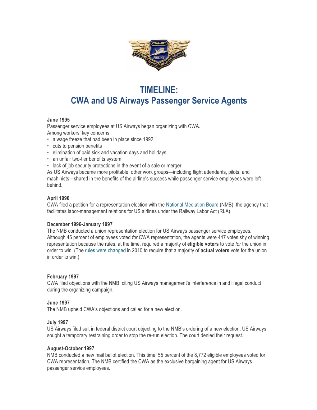 TIMELINE: CWA and US Airways Passenger Service Agents