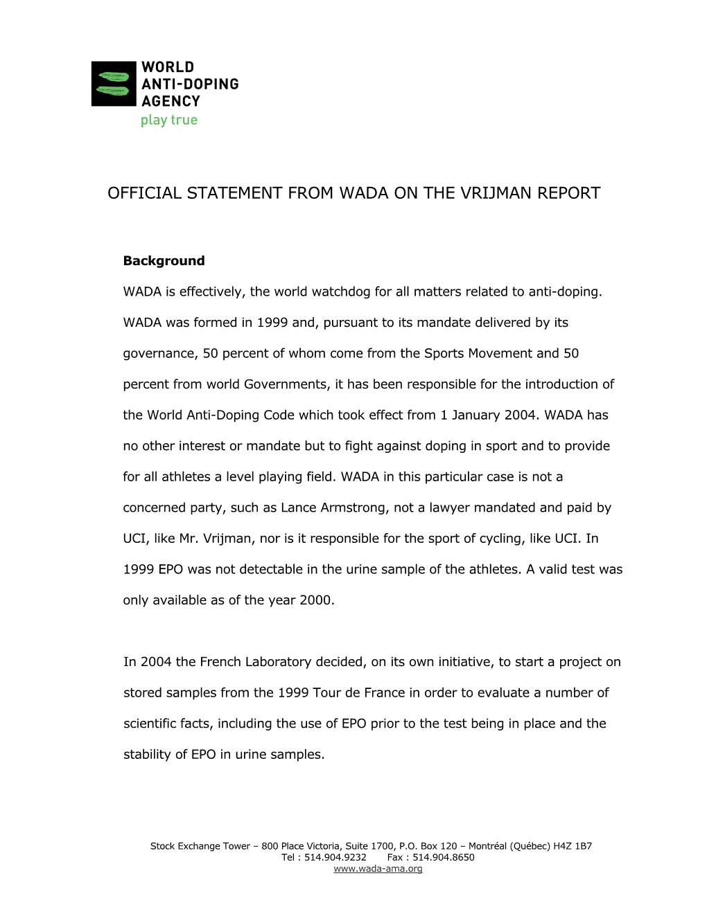 Official Statement from Wada on the Vrijman Report