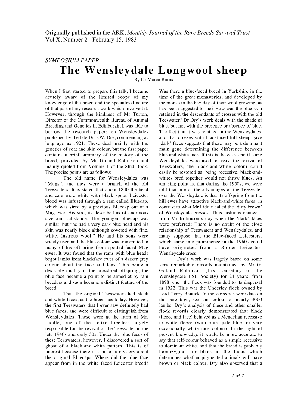 The Wensleydale Longwool Sheep by Dr Marca Burns
