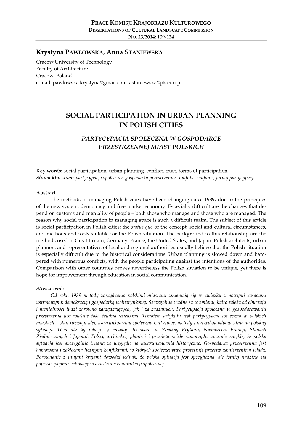 Social Participation in Urban Planning in Polish Cities