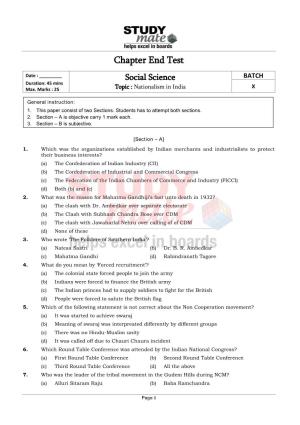 Class 10 Social Science Nationalism in India Chapter Test