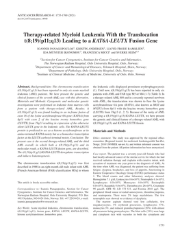 Therapy-Related Myeloid Leukemia with the Translocation T(8;19)(P11;Q13) Leading to a KAT6A-LEUTX Fusion Gene