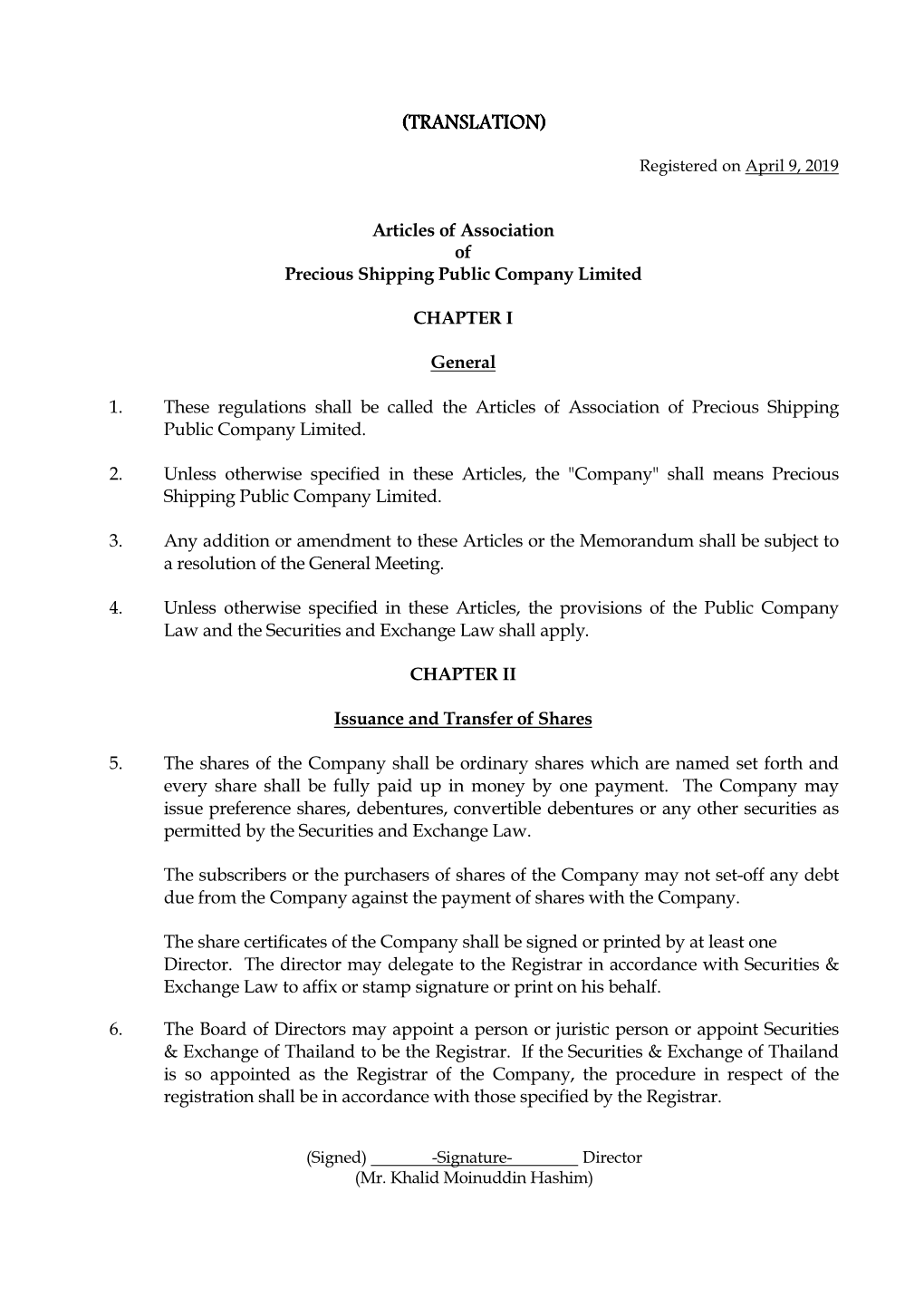 Articles of Association of Precious Shipping Public Company Limited