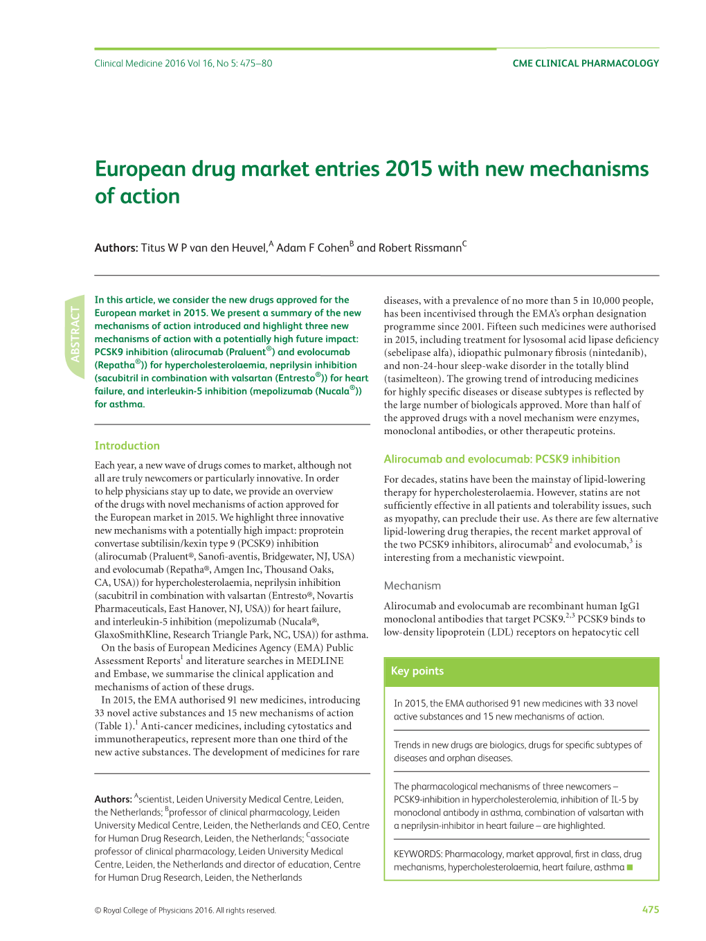 European Drug Market Entries 2015 with New Mechanisms of Action