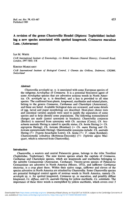 Diptera: Tephritidae) Includ- Ing a New Species Associated with Spotted Knapweed, Centaurea Maculosa Lam