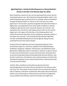 Ignoring Iran: a Hastily Drafted Response to Ahmed Rashid’S Article in the New York Review (Sept 19, 2013)