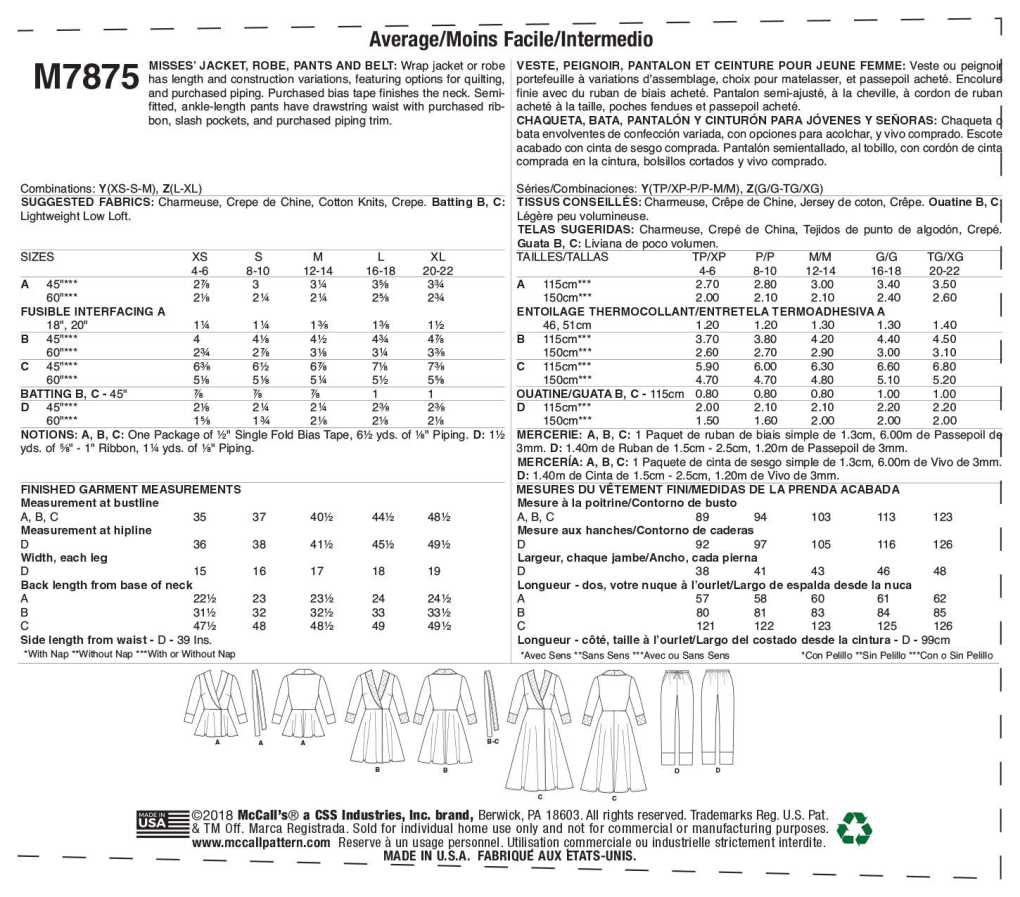 Mccalls 7875 Pattern Details and Fabric Requirements