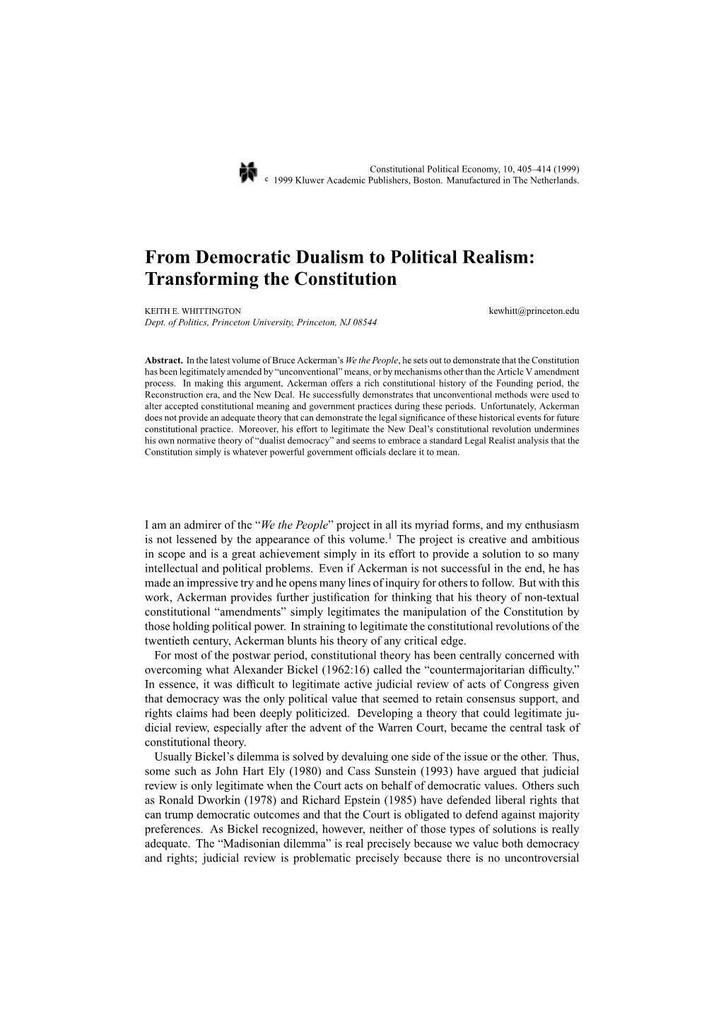 From Democratic Dualism to Political Realism: Transforming the Constitution