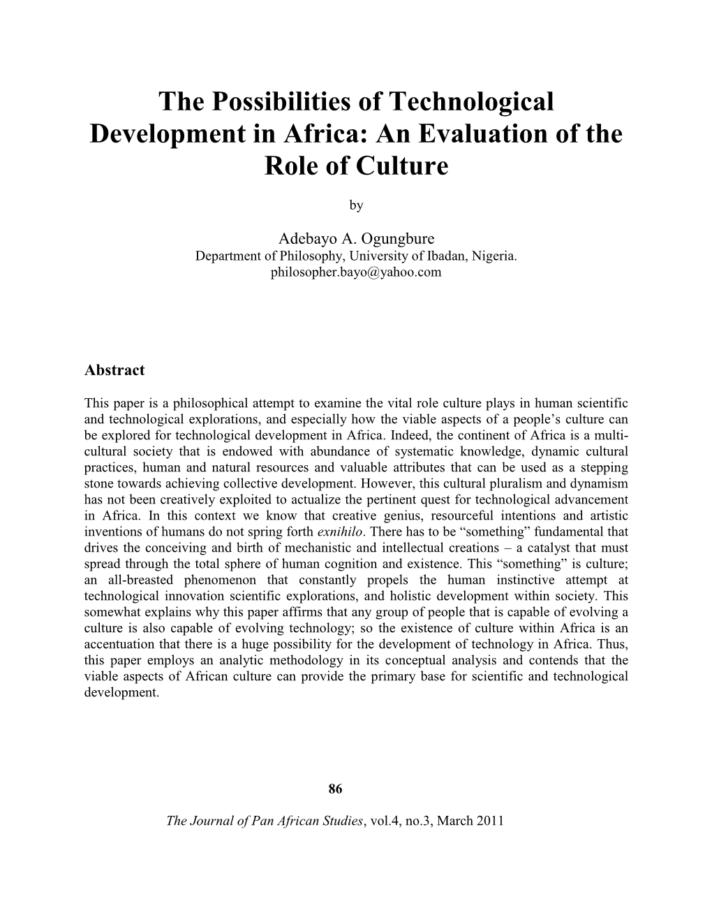 The Possibilities of Technological Development in Africa: an Evaluation of the Role of Culture