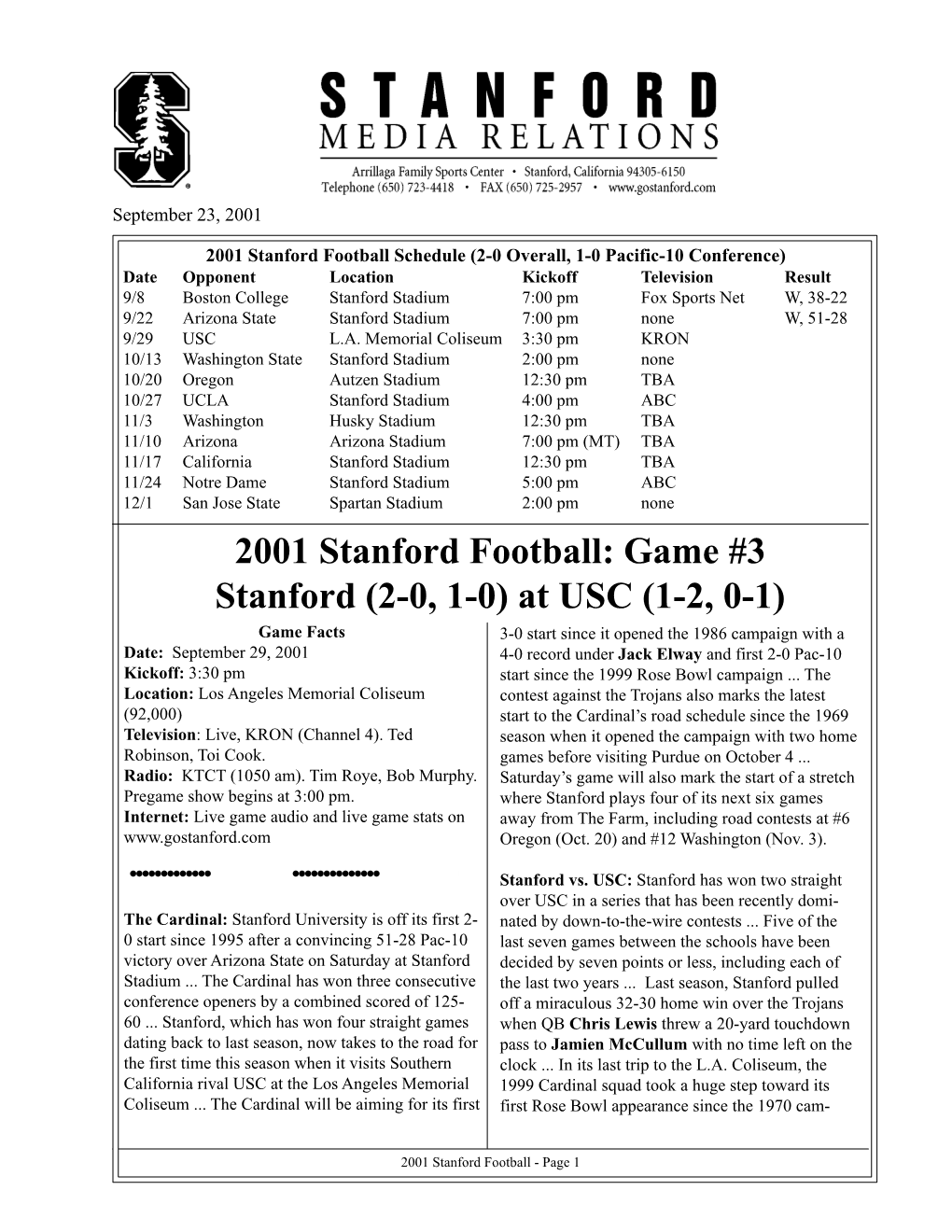 Boston College Stanford Stadium 7:00 Pm Fox Sports Net W, 38-22 9/22 Arizona State Stanford Stadium 7:00 Pm None W, 51-28 9/29 USC L.A