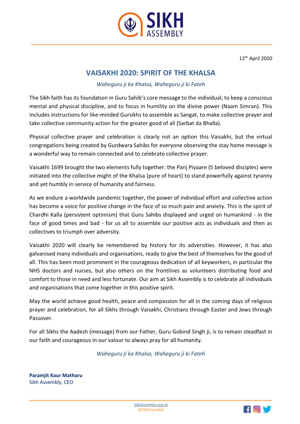 ANNOUNCEMENT – Vaisakhi 2020