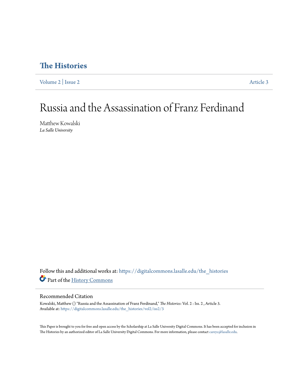Russia and the Assassination of Franz Ferdinand Matthew Kowalski La Salle University