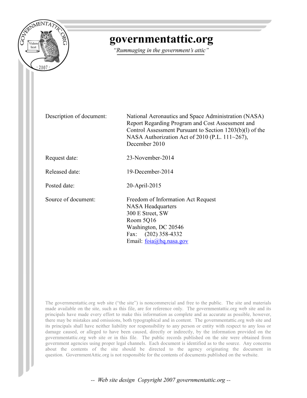 NASA) Report Regarding Program and Cost Assessment and Control Assessment Pursuant to Section 1203(B)(L) of the NASA Authorization Act of 2010 (P.L