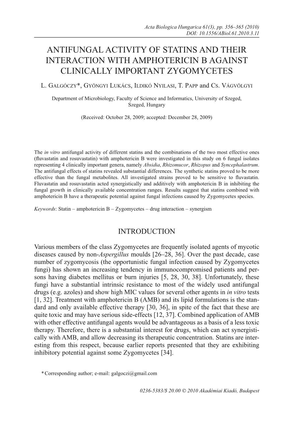 Antifungal Activity of Statins and Their Interaction with Amphotericin B Against Clinically Important Zygomycetes