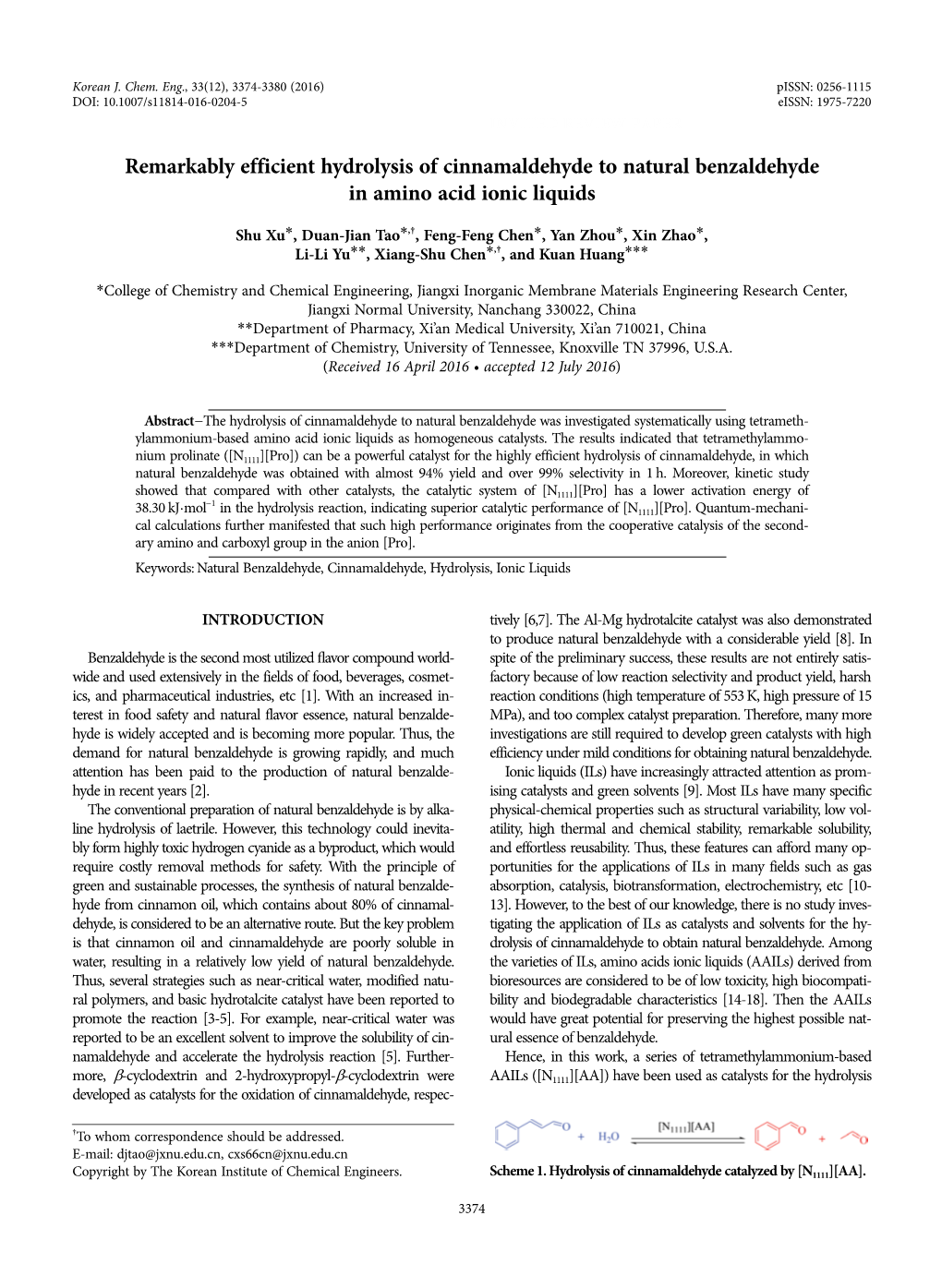 Remarkably Efficient Hydrolysis of Cinnamaldehyde to Natural Benzaldehyde in Amino Acid Ionic Liquids