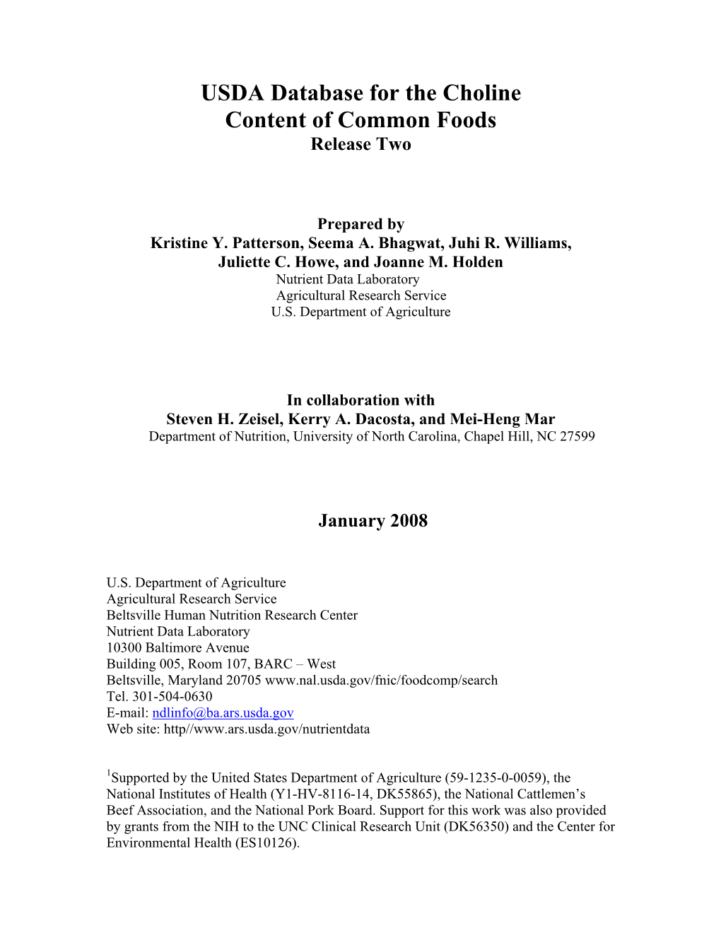 USDA Database for the Choline Content of Common Foods, Release One)