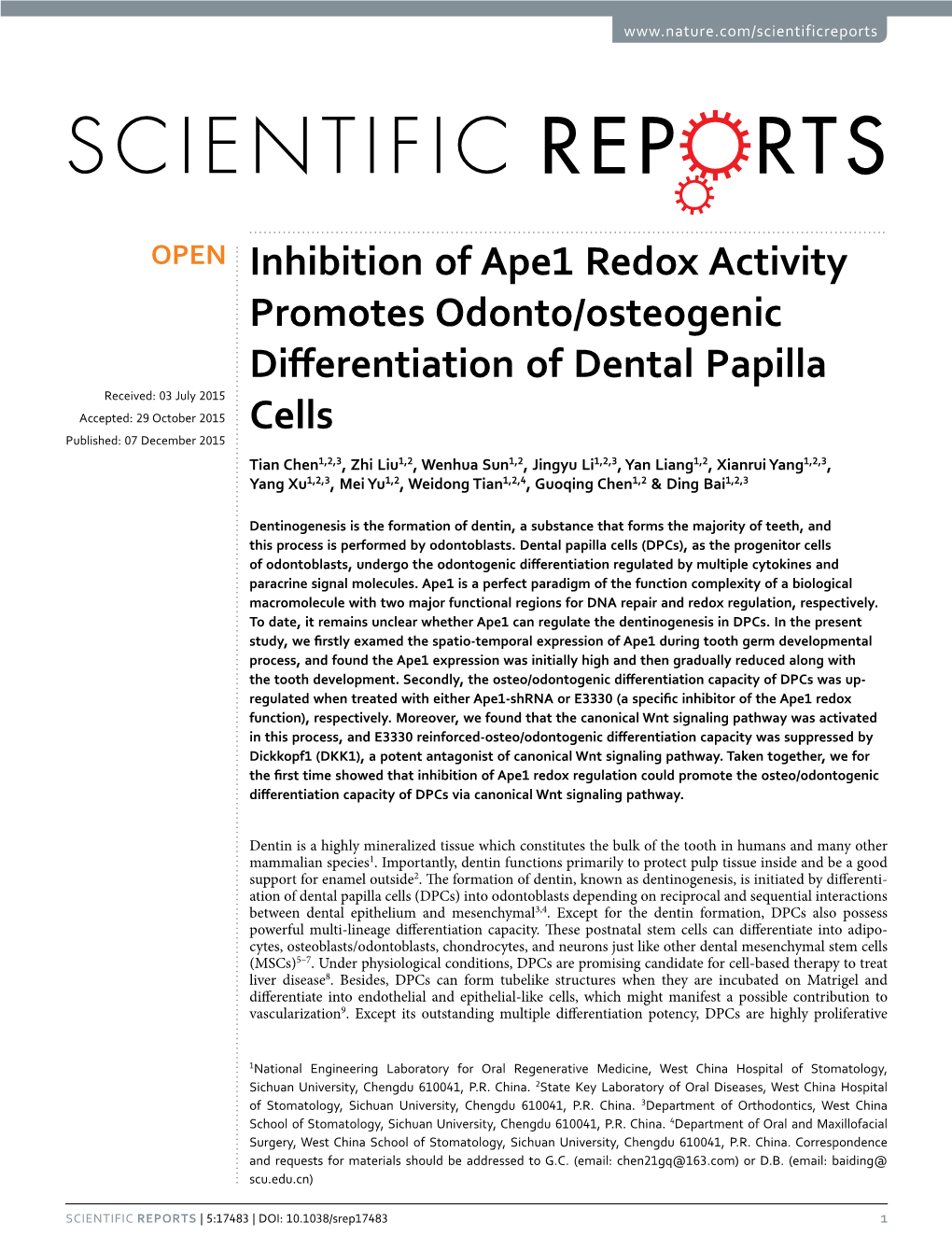 Inhibition of Ape1 Redox Activity Promotes Odonto/Osteogenic