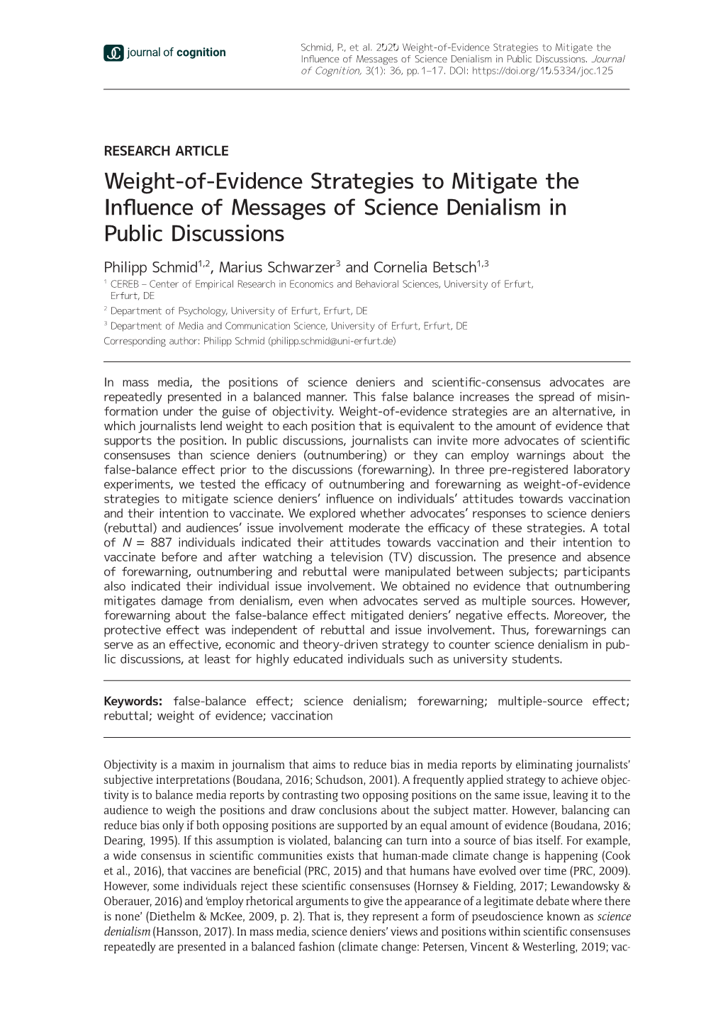 Weight-Of-Evidence Strategies to Mitigate the Influence of Messages of Science Denialism in Public Discussions.Journal of Cognition, 3(1): 36, Pp