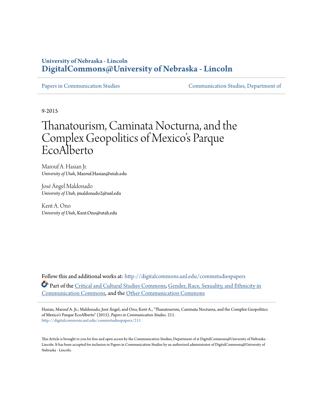 Thanatourism, Caminata Nocturna, and the Complex Geopolitics of Mexico’S Parque Ecoalberto Marouf A