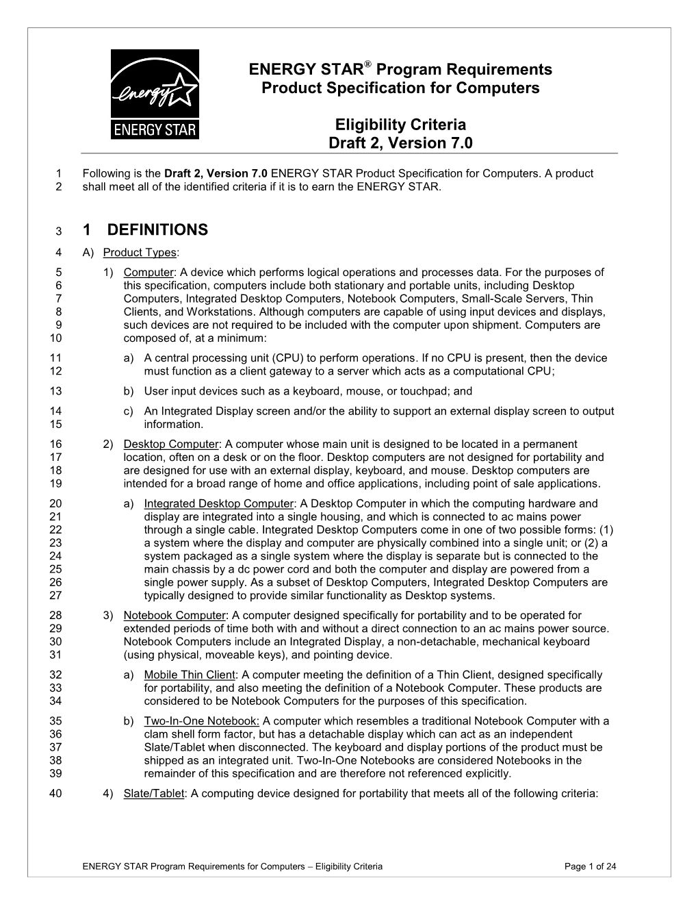 ENERGY STAR Computer Version 7.0 Draft 2 Specification