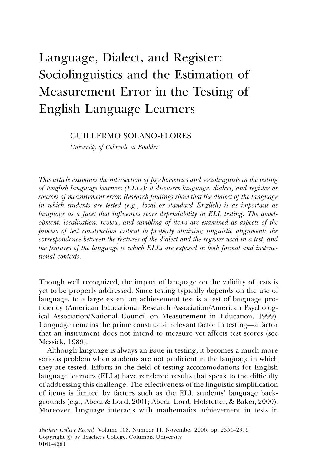 Language, Dialect, and Register: Sociolinguistics and the Estimation of Measurement Error in the Testing of English Language Learners