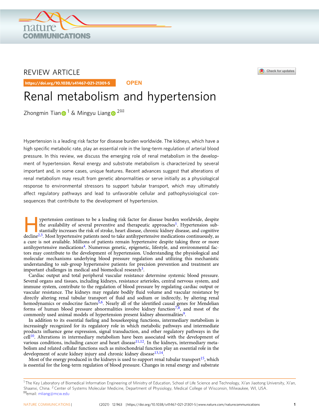 Renal Metabolism and Hypertension ✉ Zhongmin Tian 1 & Mingyu Liang 2