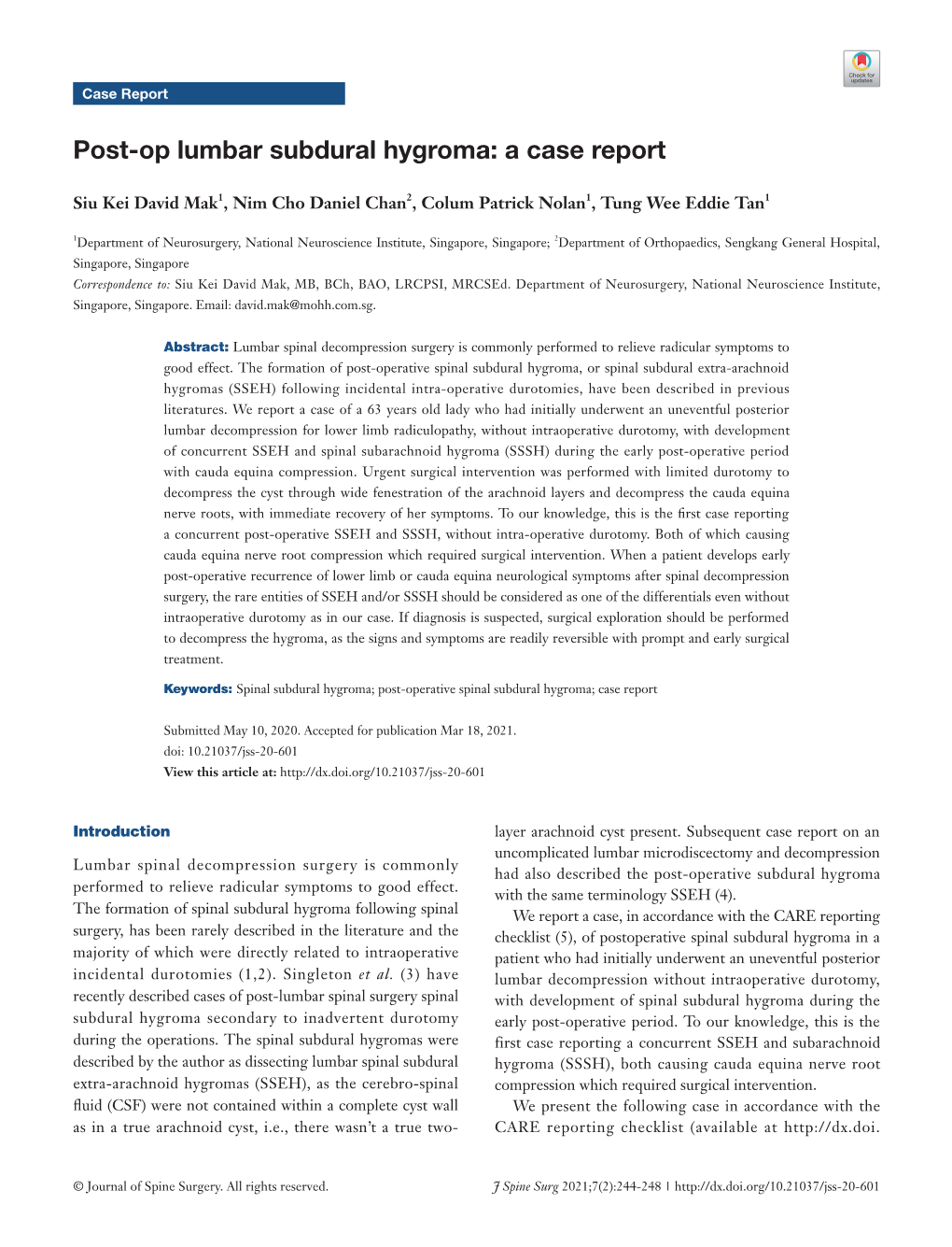 Post-Op Lumbar Subdural Hygroma: a Case Report