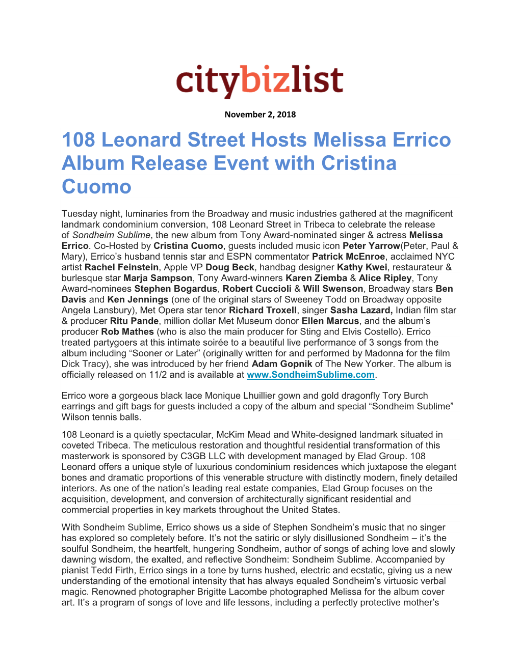 108 Leonard Street Hosts Melissa Errico Album Release Event with Cristina Cuomo