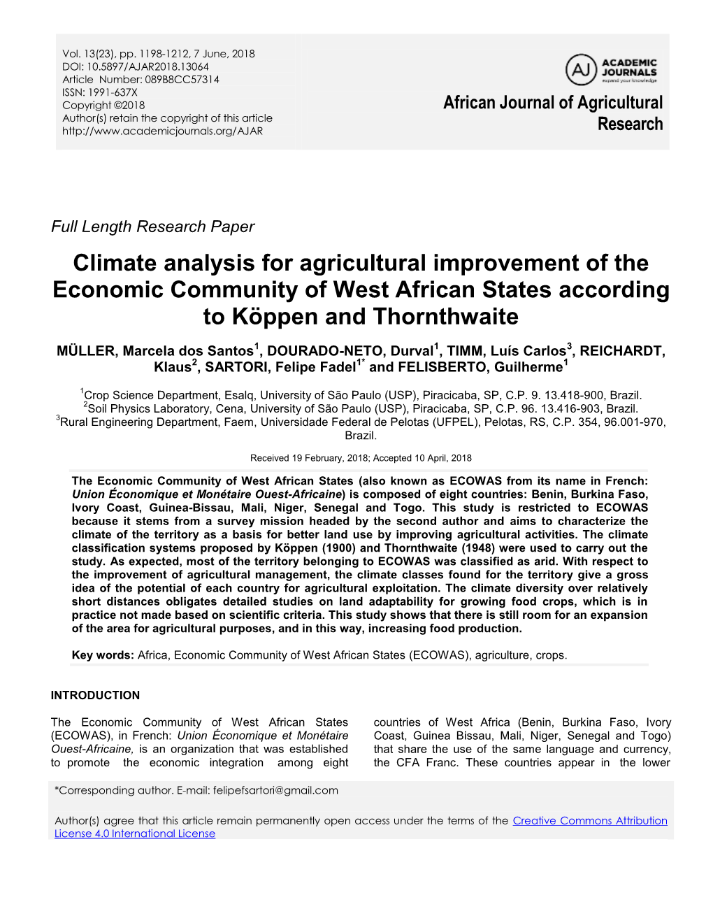 Climate Analysis for Agricultural Improvement of the Economic Community of West African States According to Köppen and Thornthwaite