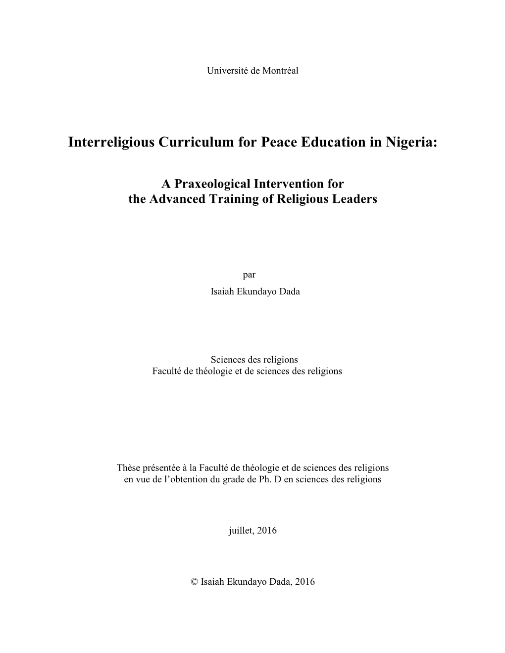 Interreligious Curriculum for Peace Education in Nigeria