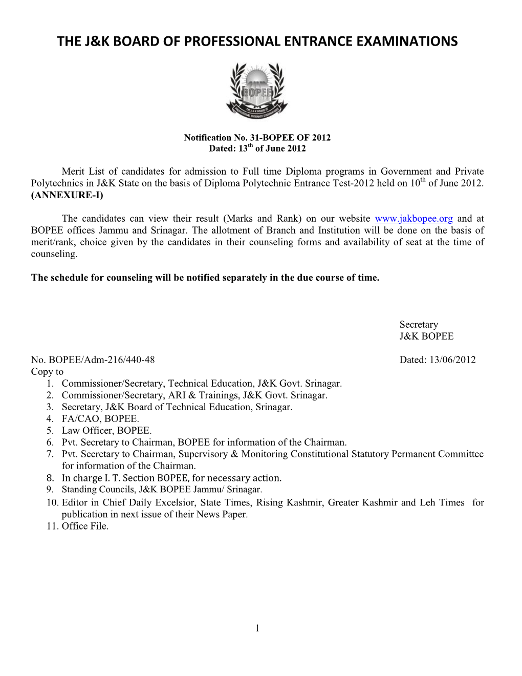 The J&K Board of Professional Entrance