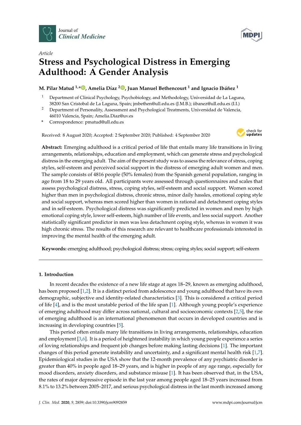 Stress and Psychological Distress in Emerging Adulthood: a Gender Analysis