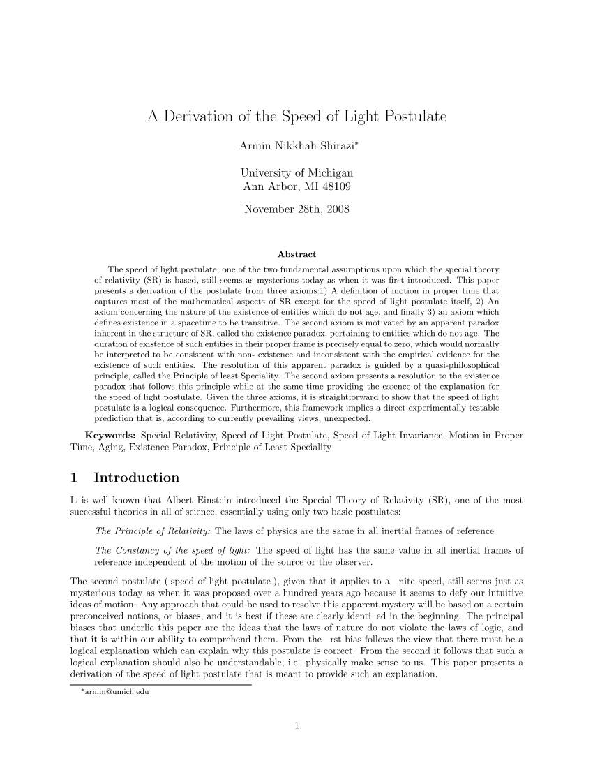 A Derivation of the Speed of Light Postulate That Is Meant to Provide Such an Explanation