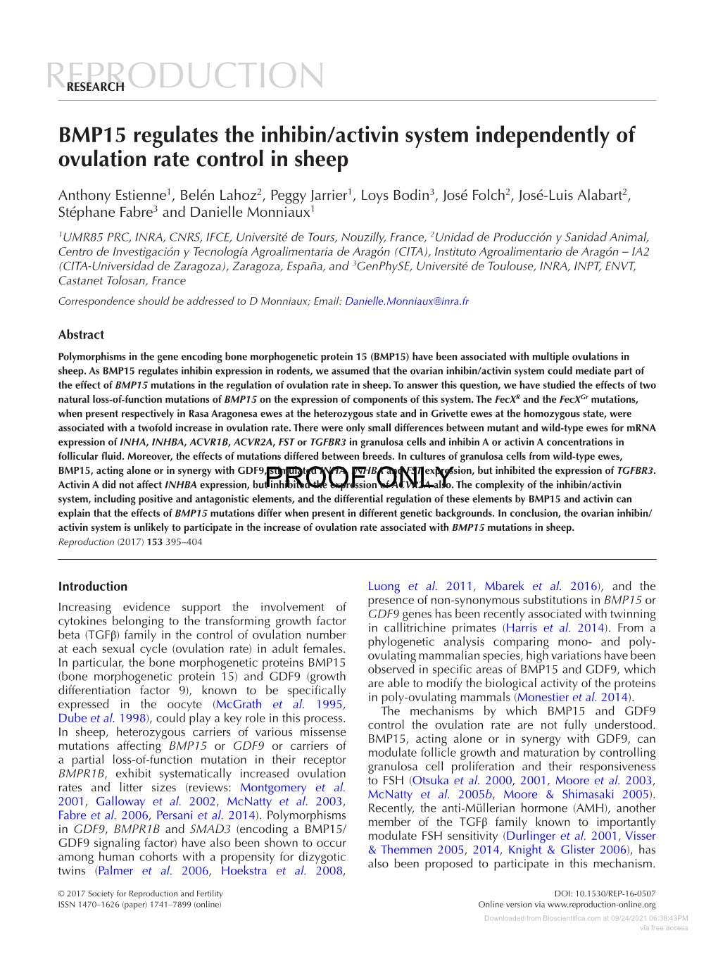 BMP15 Regulates the Inhibin/Activin System Independently of Ovulation Rate Control in Sheep